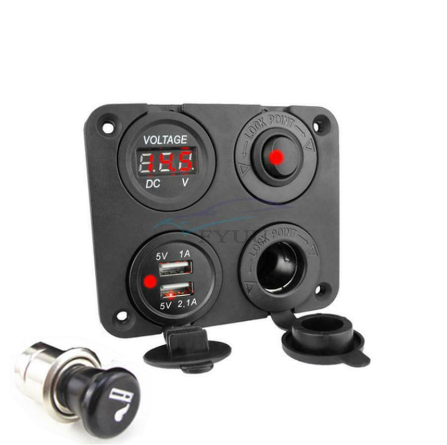 4Hole Panel Dual USB Charger Power Socket Voltmeter On-Off Switch For Marine Car