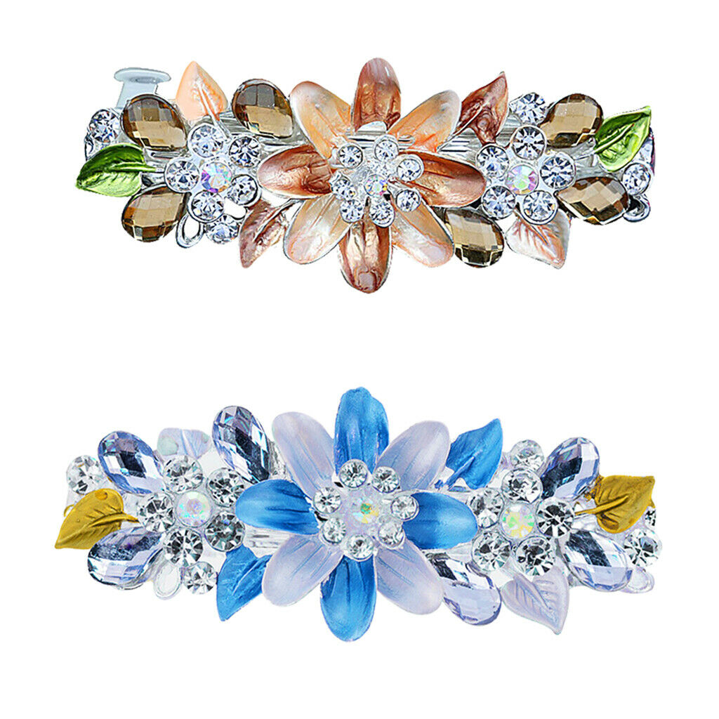 2pcs Flower Diamante Rhinestone Spring Barrette Hair Clip Clasp Headwear for