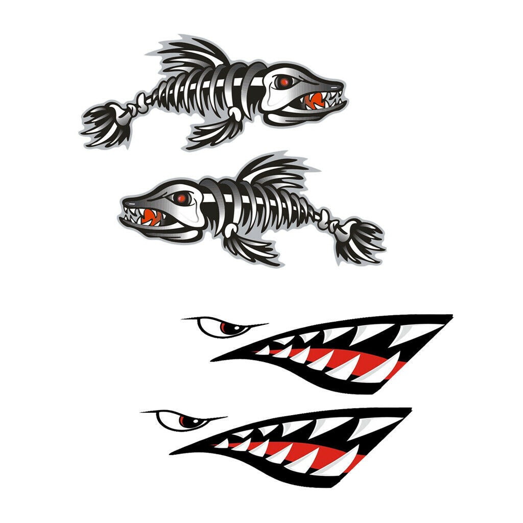 Vinyl 2x Shark Mouth + 2x   Skeleton Kayak Canoe Boat Car Decals Stickers