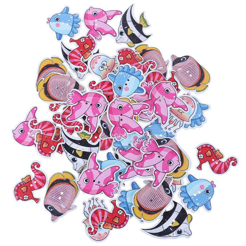 50PCs Wooden Buttons Colorful Mixed Fish Scrapbook Sewing Accessories DIY.l8