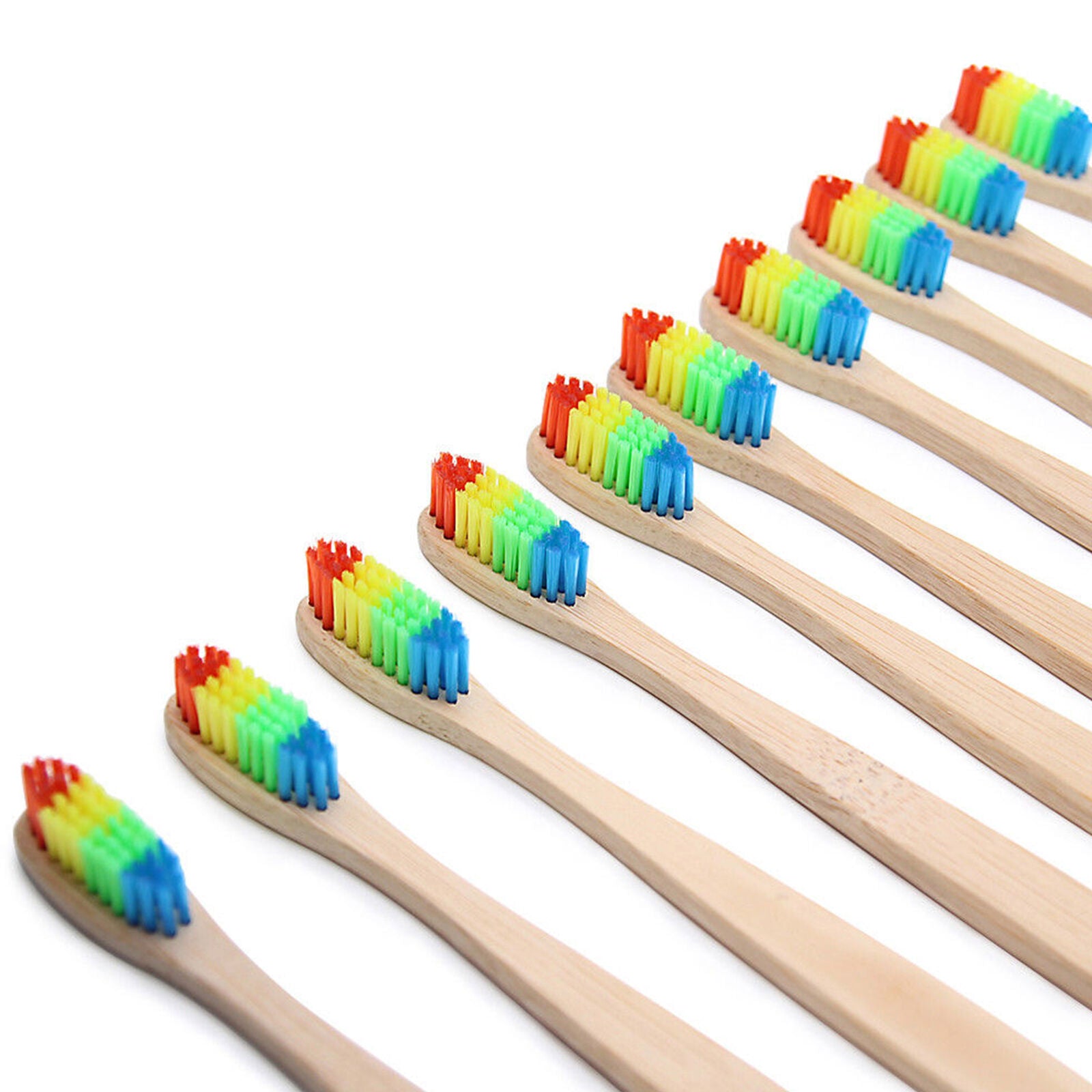 10X Medium-Bristle Bamboo Toothbrush Rainbow Wood Teeth Brush Fibre Wooden Hand