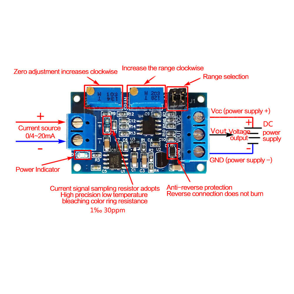 0-20mA/4-20mA to 0-3.3V/0-5V/0-10V Current to Voltage Module Voltage Transmitter