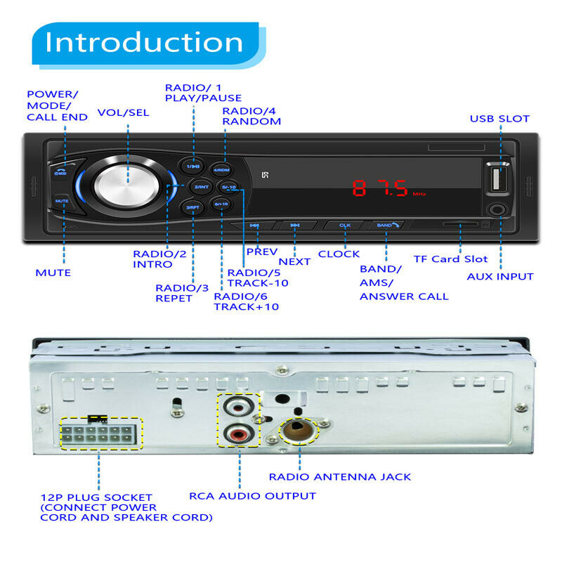Car 1 Din LED Digital Bluetooth Hands-free MP3 Player Card U Disk FM Radio Audio