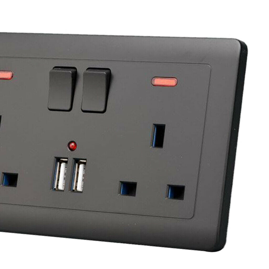 2 Gang 13A British Wall Switch Double Sockets with 2 Ultra USB Outlet Black