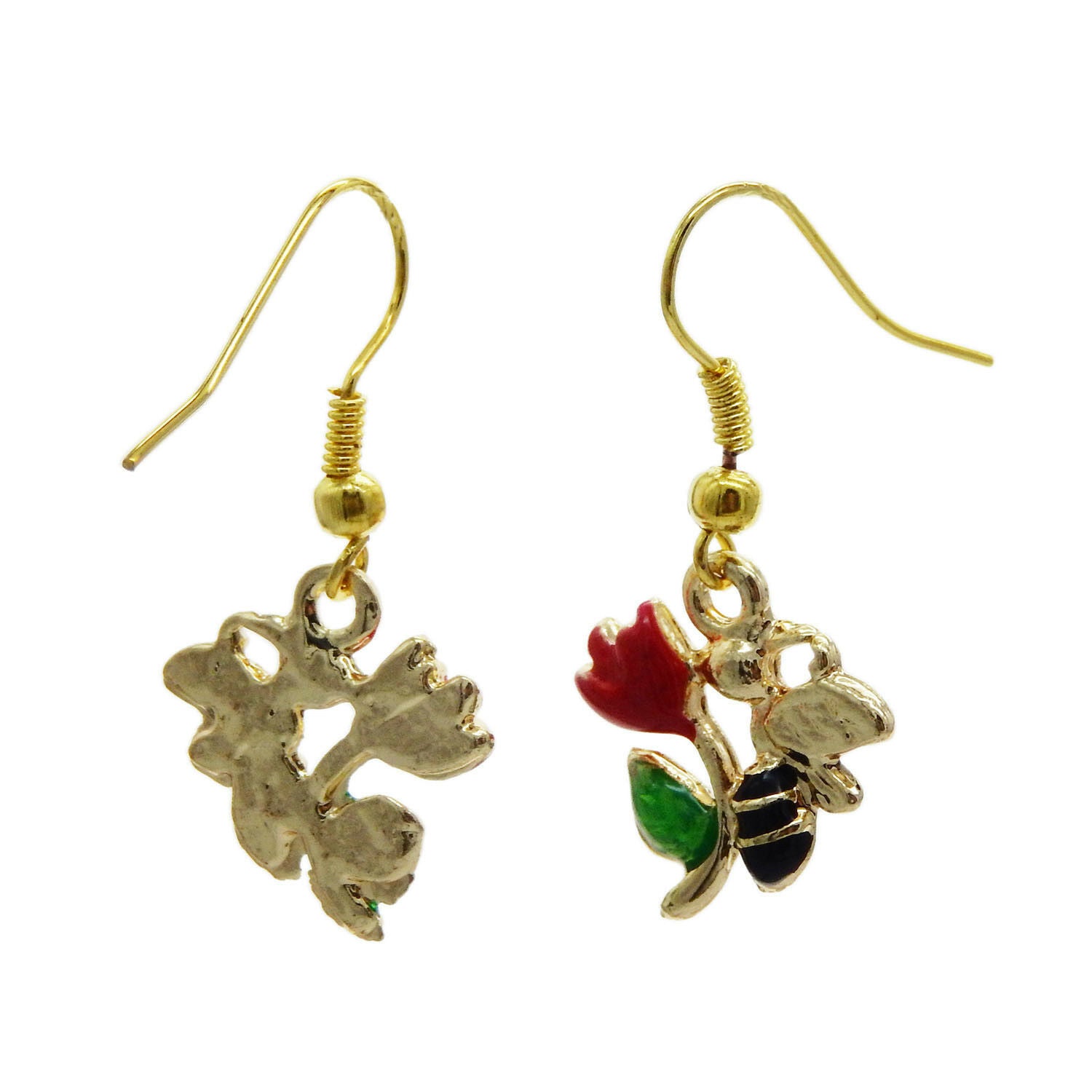 1 Pair Enamel Metal Flower and Honey Bee Charm Dangle Hooks Earrings Jewelry