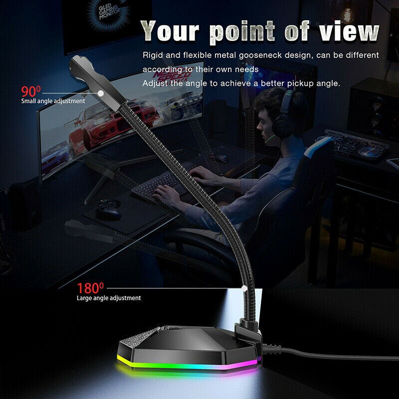 RGB Light USB Desktop Gaming Condenser Microphone Stand for PC Laptop