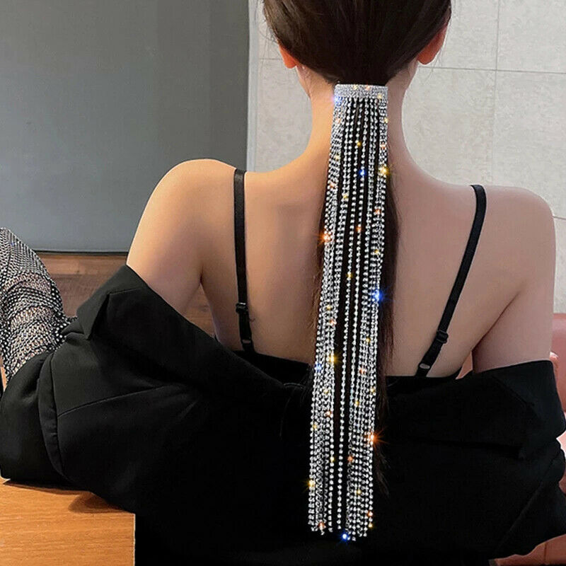Shine Full Rhinestone Hairpins for Women Long Tassel Crystal Hair AccessorieFCA