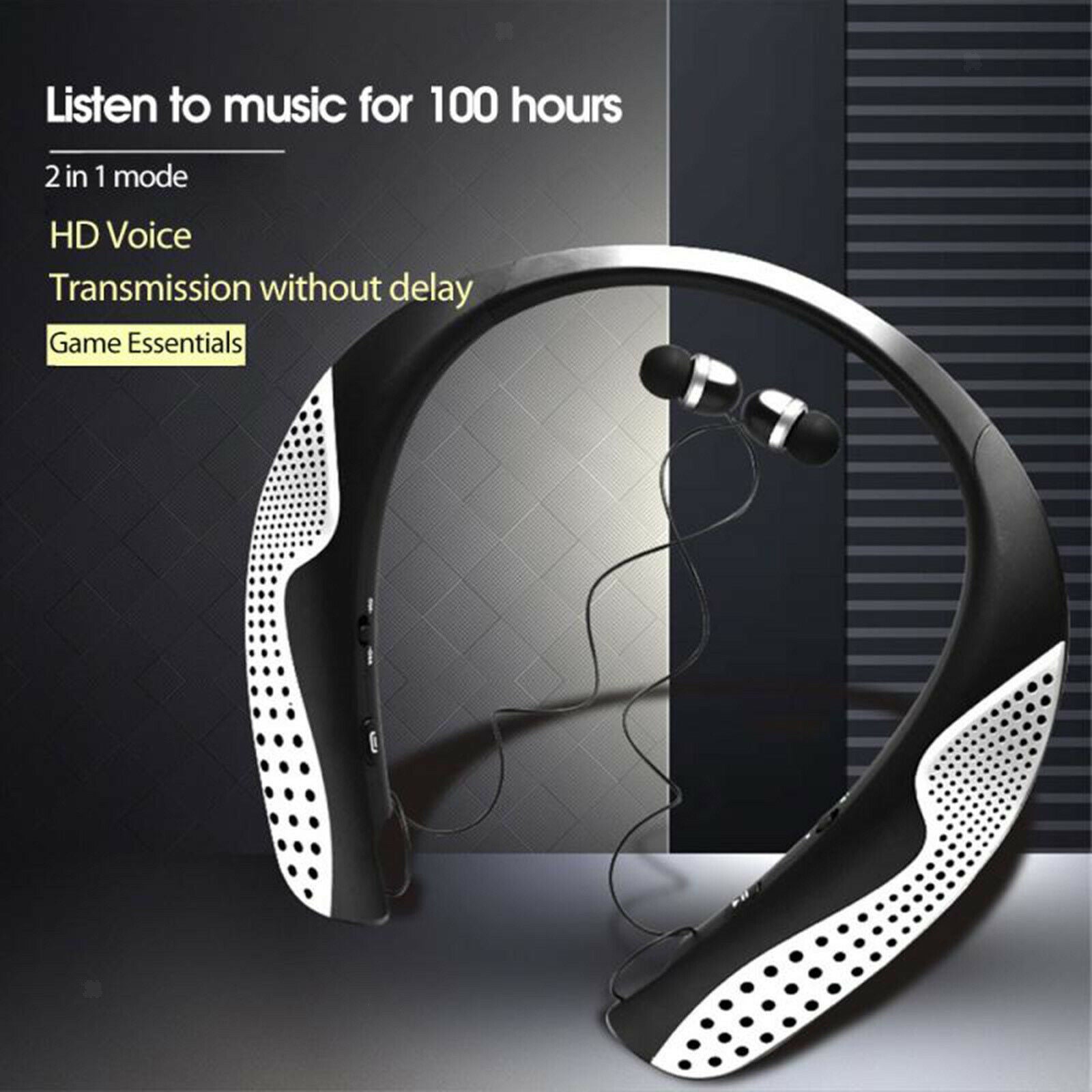 Neckband Wearable Wireless Speaker w/Retractable Earbuds with Mic Handsfree