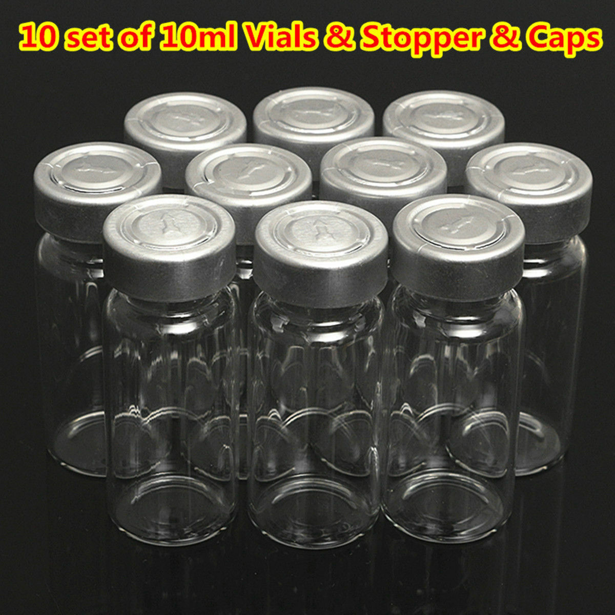 10Pcs 10ml Empty Sample Vial Clear Glass Bottles Jar Butyl Rubber Stopper