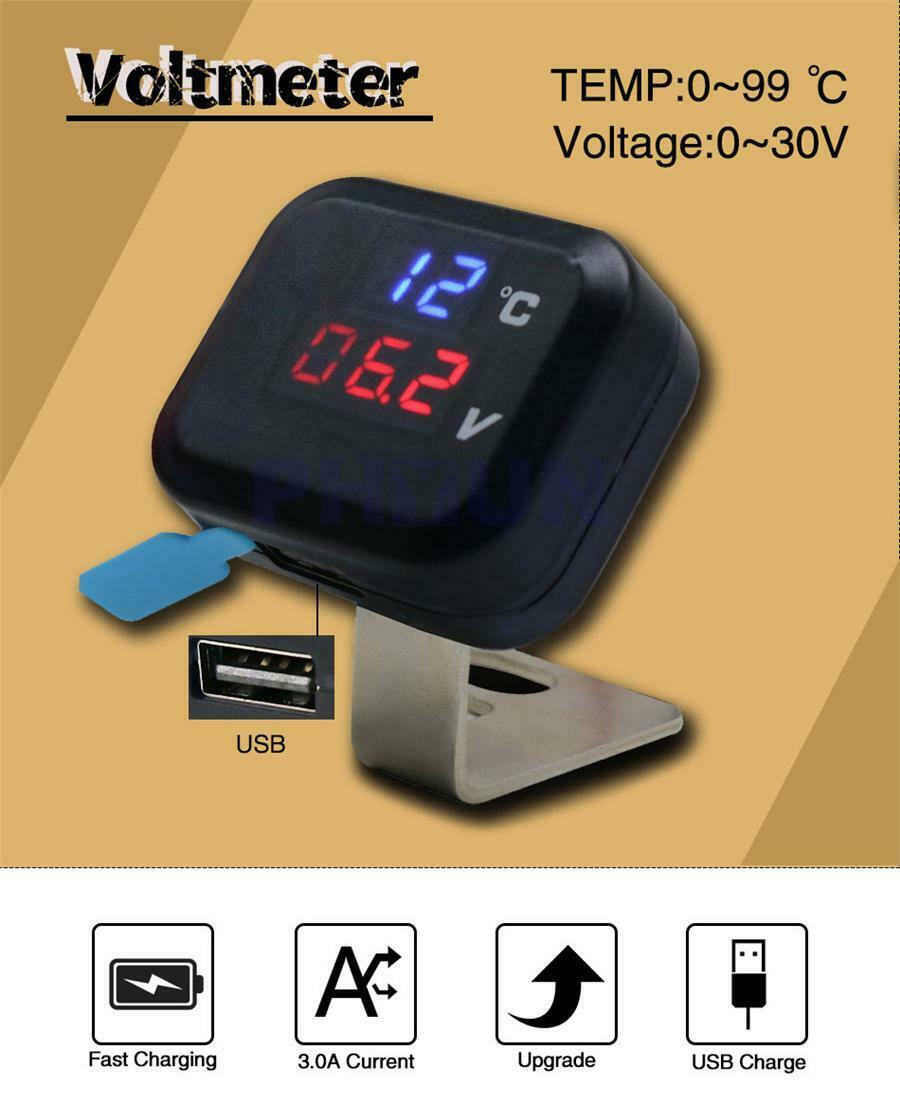 12V Motorcycle Digital Display Voltage Temperature Monitor Gauge w/ USB Charger