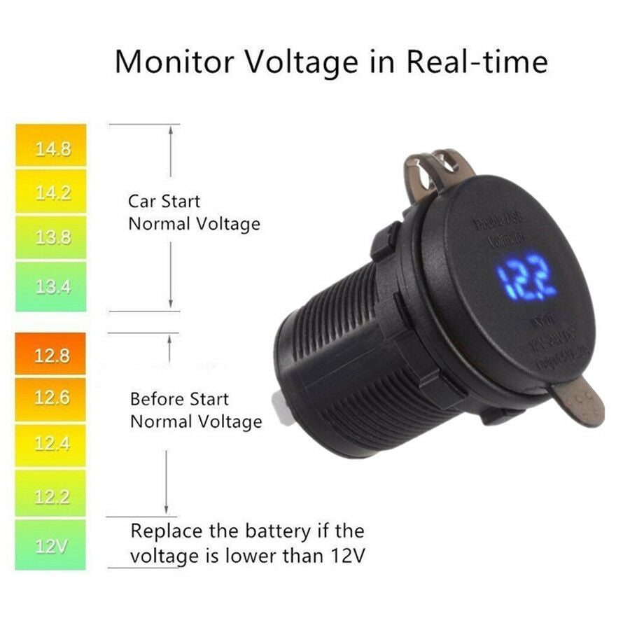 12V Blue LED Car Motorcycle Dual USB Charger Socket & Digital Voltage Voltmeter