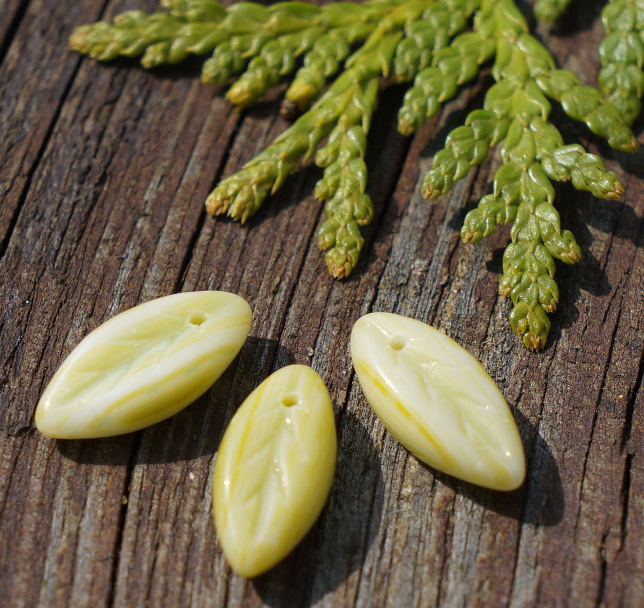 Picasso Green Glass Leaf Beads Czech Leaf Beads Leaf Bead Exclusive Carved Le...