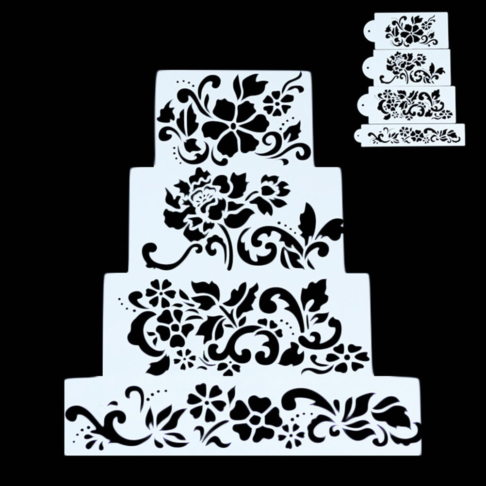 4PCS Flowers Fondant Cake Stencil Kitchen Cupcake Template Mold Baking To.l8