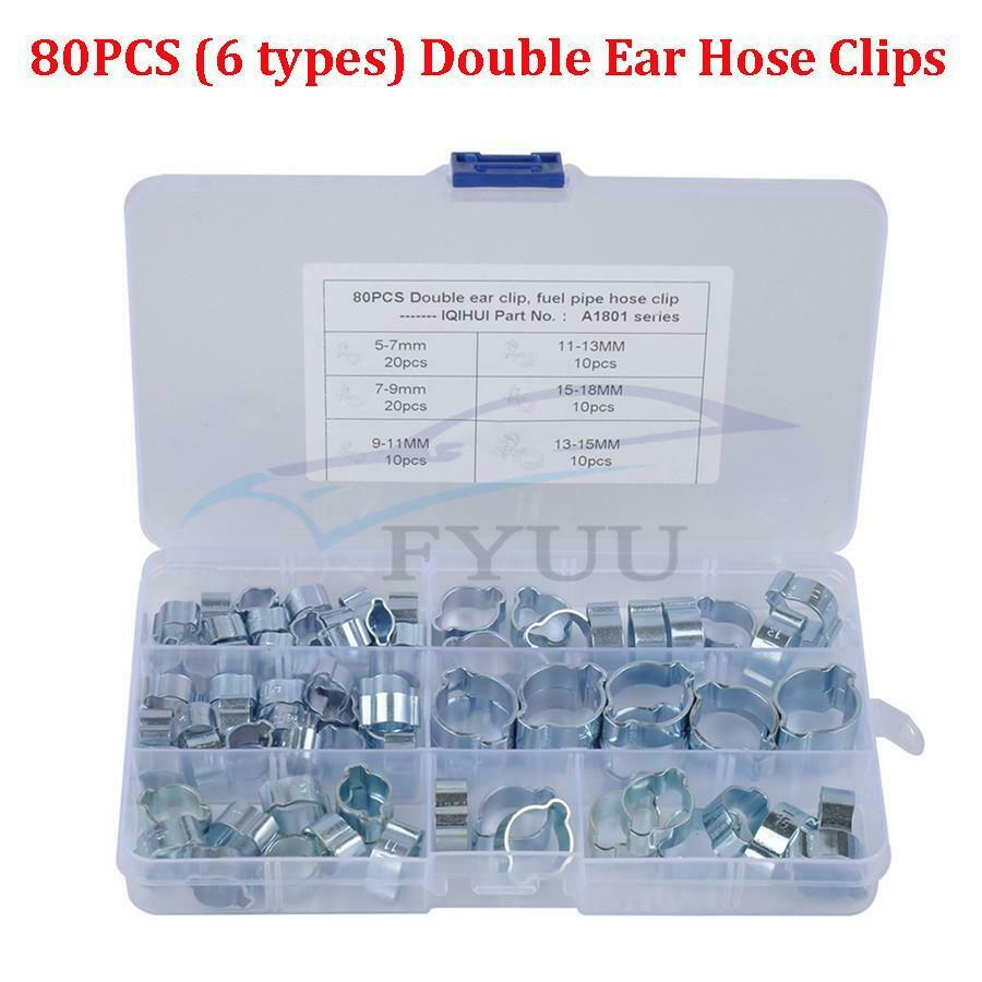 80X Double Ear Hose Clips Water Fuel Air Clamps for 5-18MM Zinc Plated Assortmen