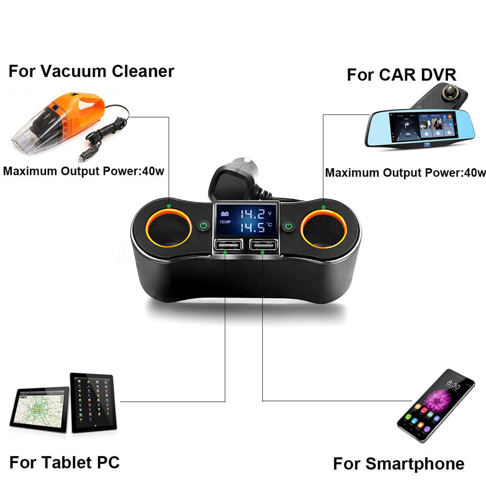 Dual Socket 2 USB Port LCD Lighter Splitter DC 12V Car Charger Adapter