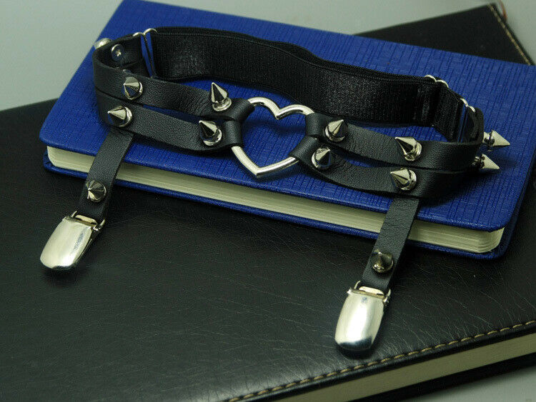 Sexy Black Heart Stud Rivet Women Leg Leather Sock Garter Suspender Belt