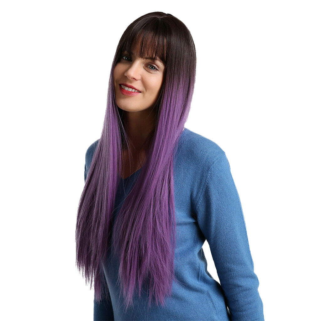 Purple Long Straight Wig with Flat Bangs Synthetic Wig for Women 28Inchs