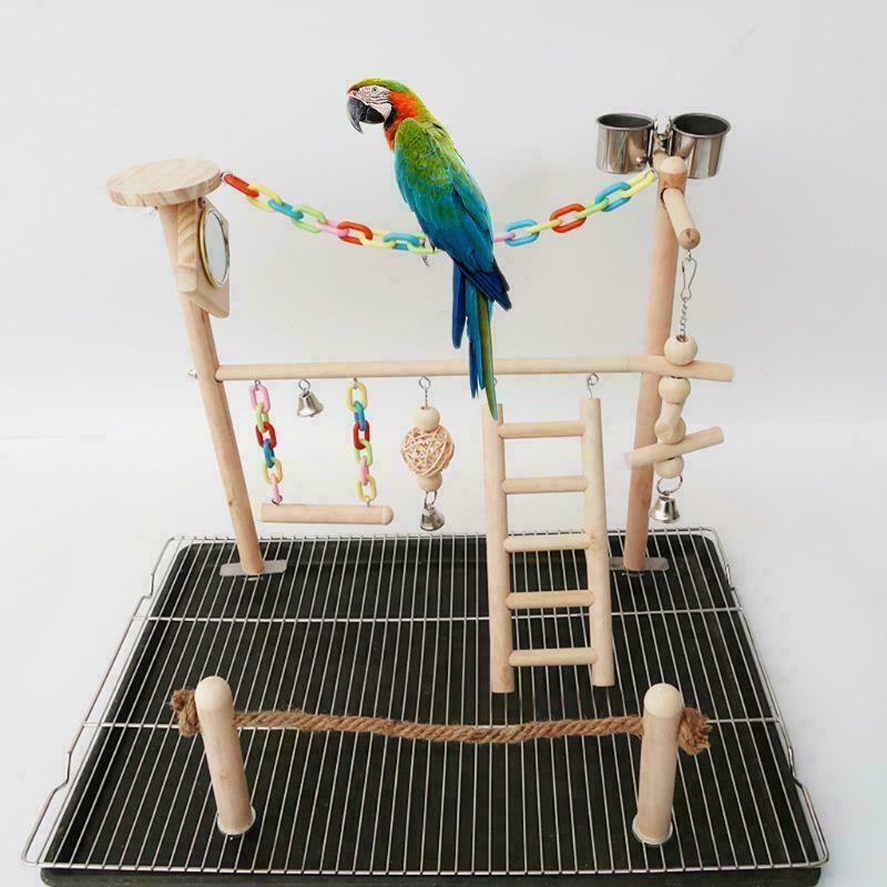 Parrot Bird Play Stand Cockatiel Playground Wood Perch Gym Ladder Feeder Cups