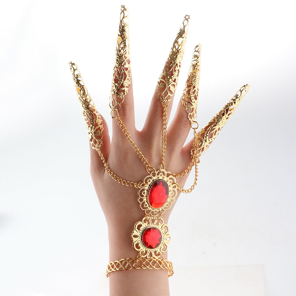 1 Pair Belly Dance Gypsy Egyptian Bracelet Finger Nails Red Gem Hand Jewelry