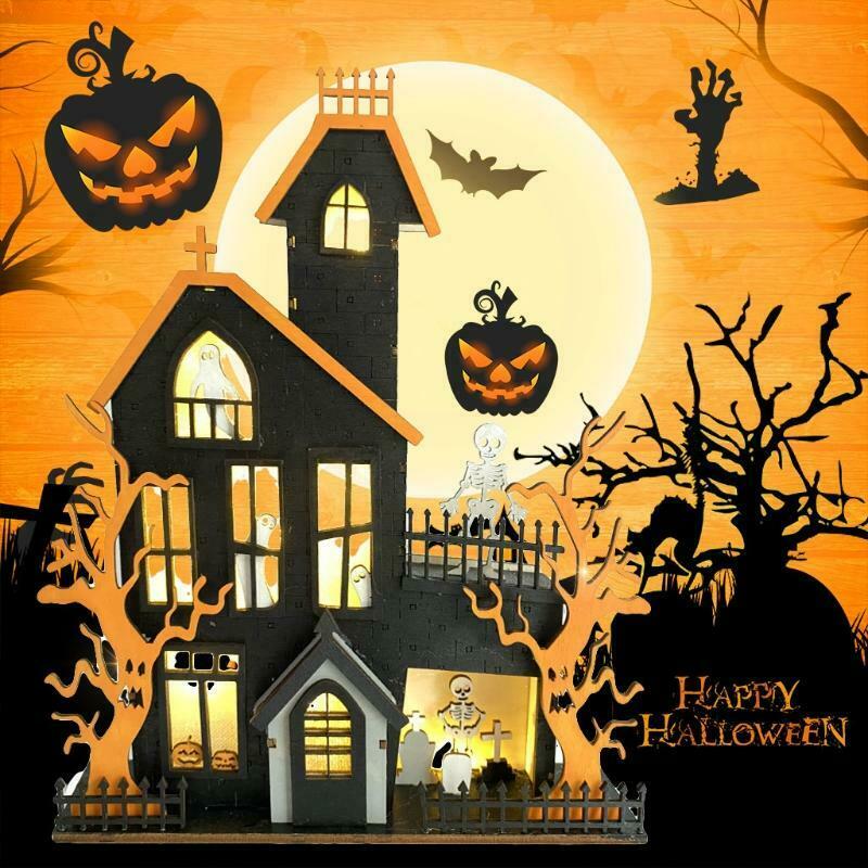 Halloween Table Decorations Wooden Haunted House Ghost Sign with LED Light Decor