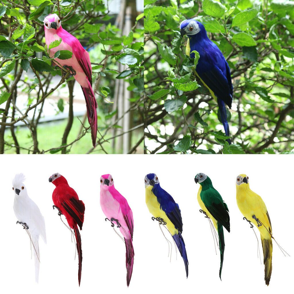 2x Realistic Parrot Artificial Feather Bird Animal Ornament Decor White & Red