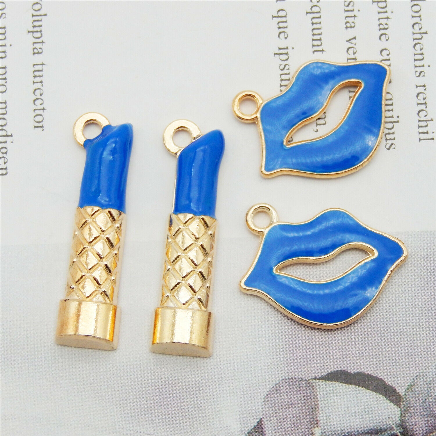 16-pack Assorted Blue Enamel Lip and Lipstick Charm Alloy Pendant Earring Dangle