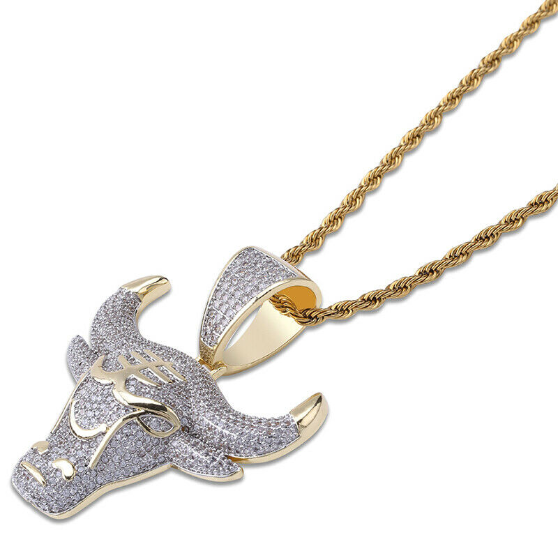 Hip Hop Fashion Full Rhinestone Bull Head Pendant Necklace Stainless Steel Ch Qx