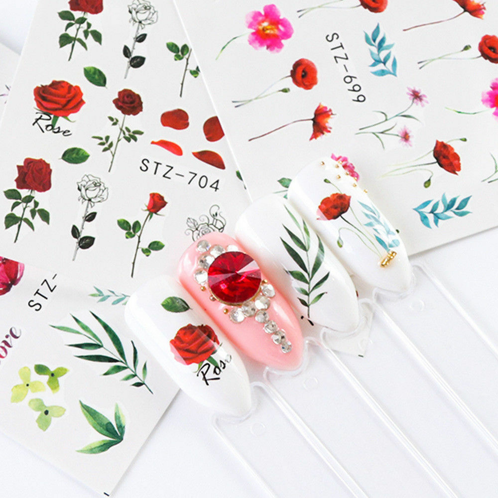 24 PCS Nail Art Stickers Watercolor Water Transfer Decals Flowers DIY Tips Lot