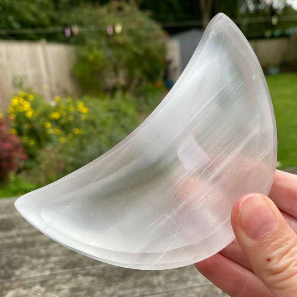 Selenite Moon Bowl With Chakra Stones Charging Crystal Bowl Ritual Reiki Gift