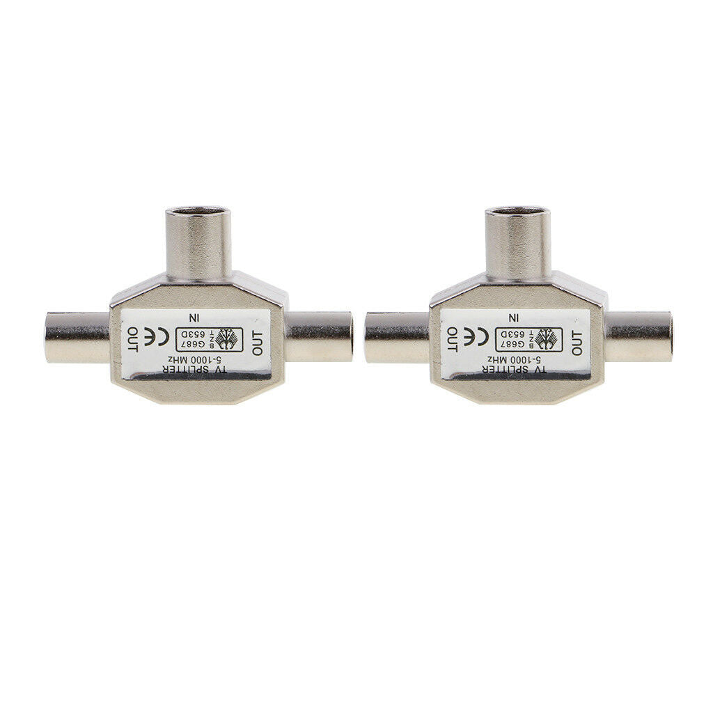 2pcs TV Aerial Coaxial Signal Splitter 2-Way 1 Female to 2 Male Connector