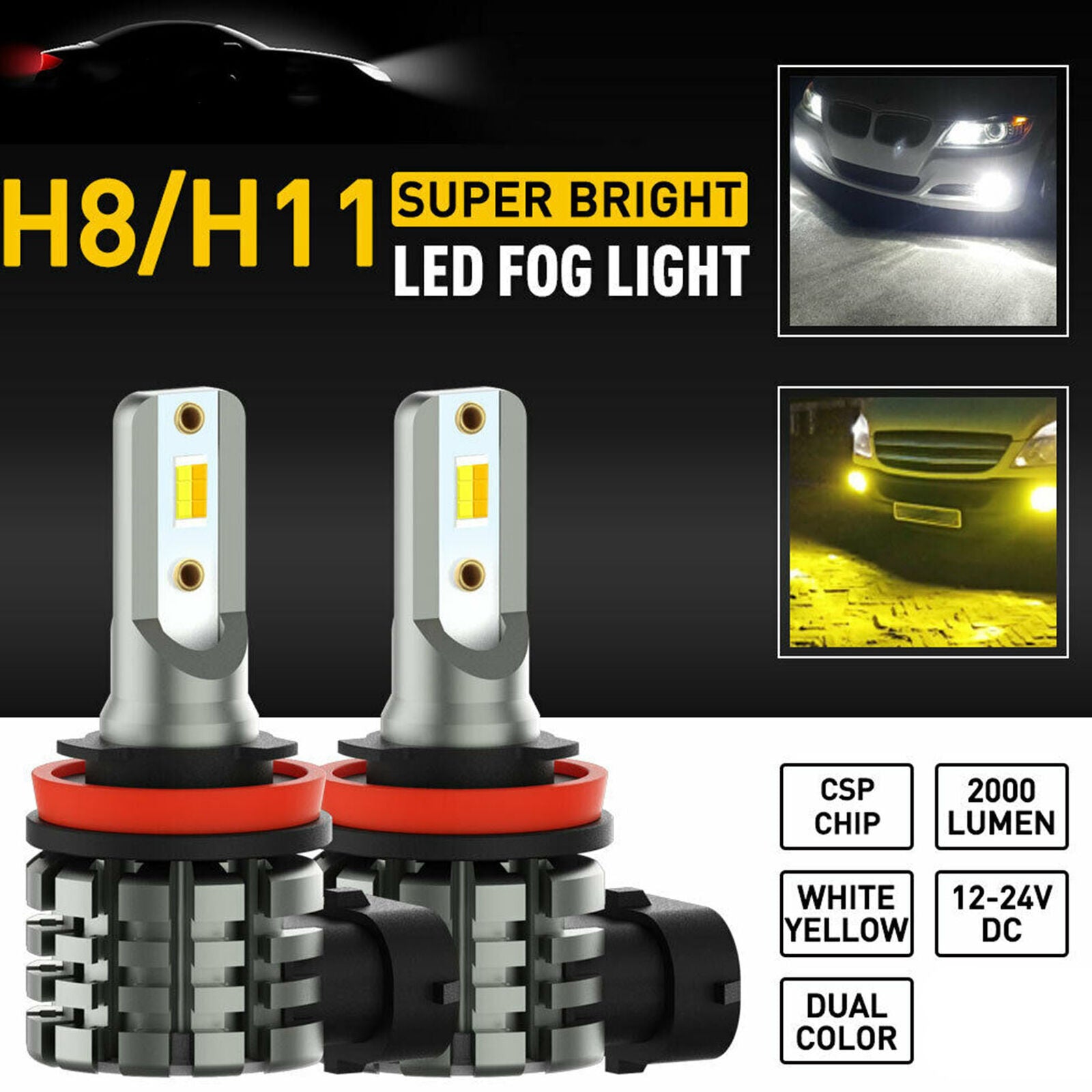 H11 H8 White Yellow LED Fog Light Bulbs Dual Color Super Bright DRL Lamp