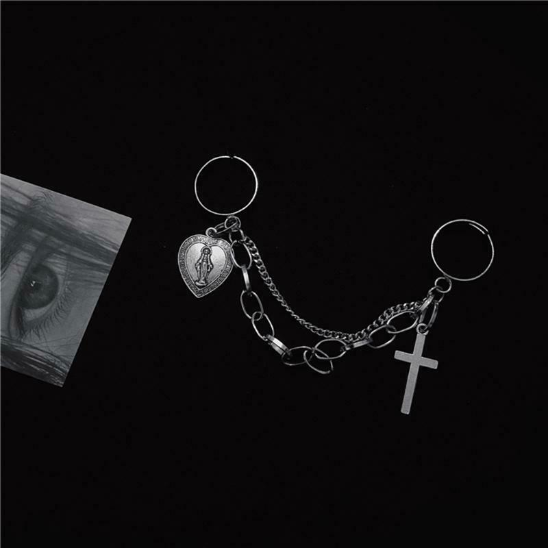 Retro Adjustable Chain Jesus Pendant Ring Alloy Cross Open Rings Hip Hop Jewelry