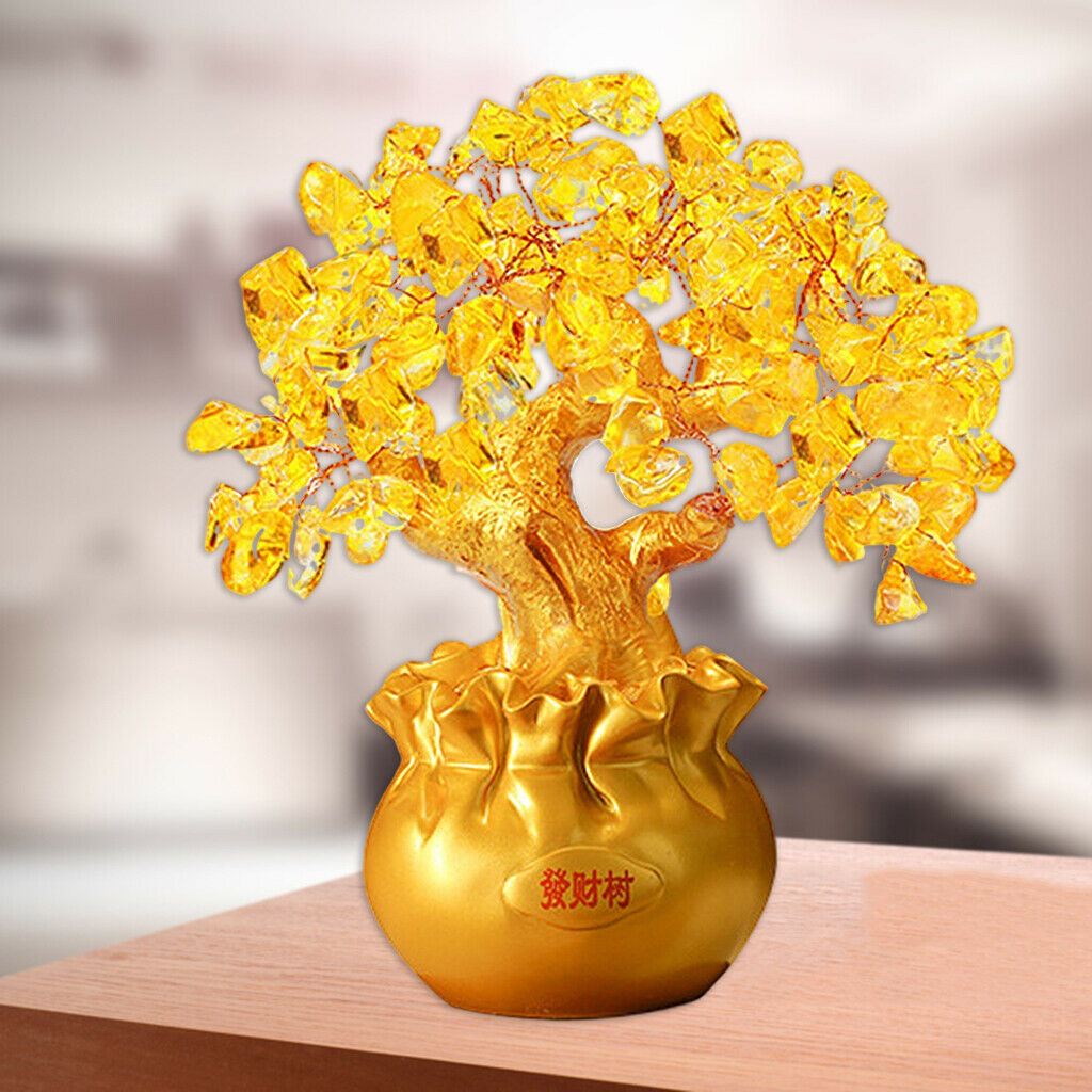 Crystal Money Tree Lucky Tree Feng Shui Ornament for Home Office Golden