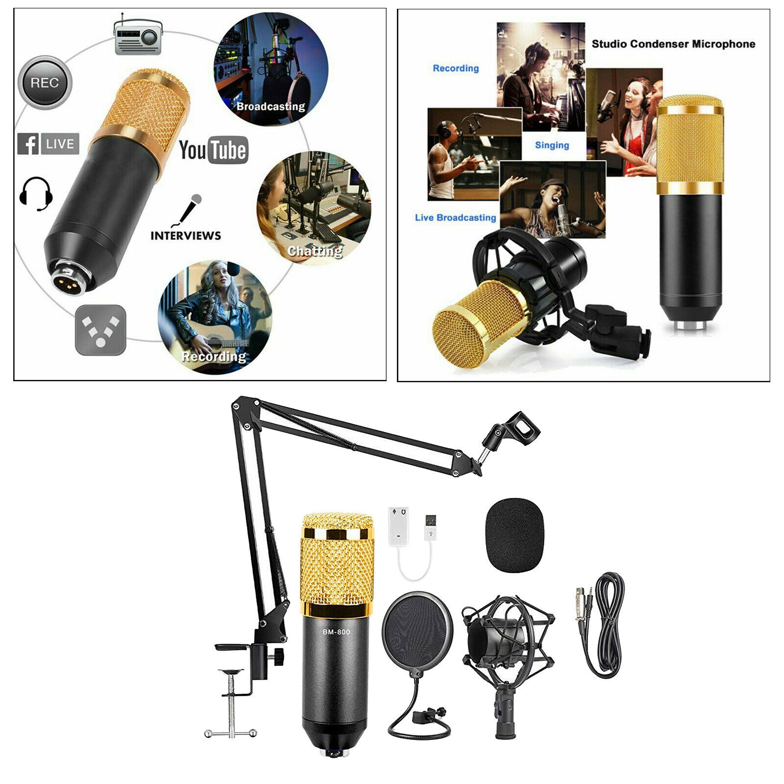 BM-800 Professional Studio Condenser Microphone Kit Cardioid Mic USB Cable