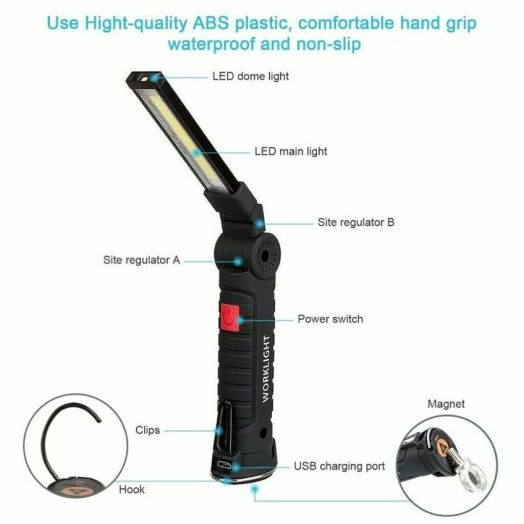 Rechargeable COB LED Work Light Lamp Flashlight Magnetic Foldable Inspect