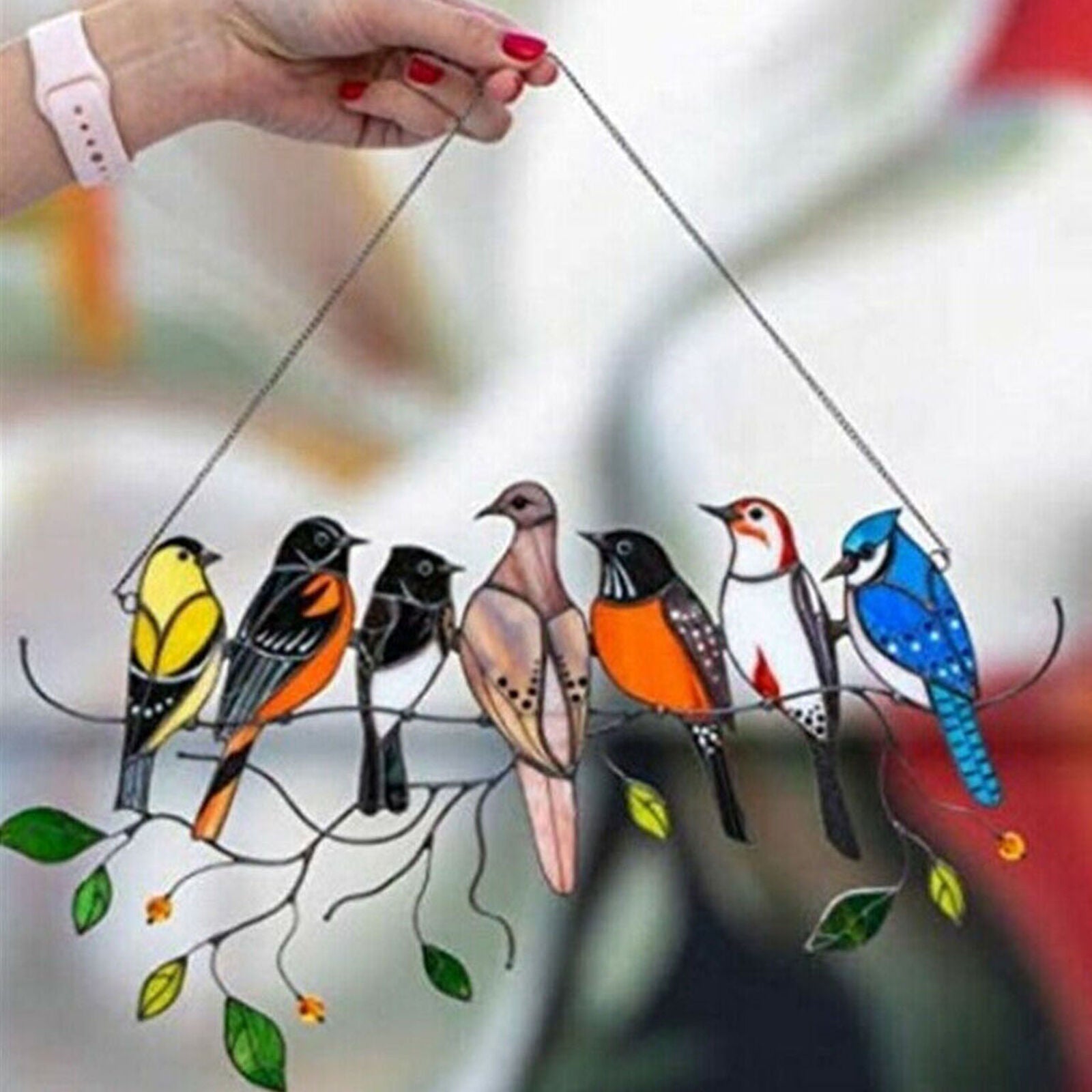 Multicolor Birds on a Wire High Stained Arcylic Suncatcher Window Panel Pendant