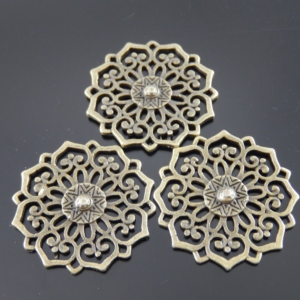 10pcs Retro Style Bronze Alloy Round Hollow Flower Pattern Pendant Charm 30mm