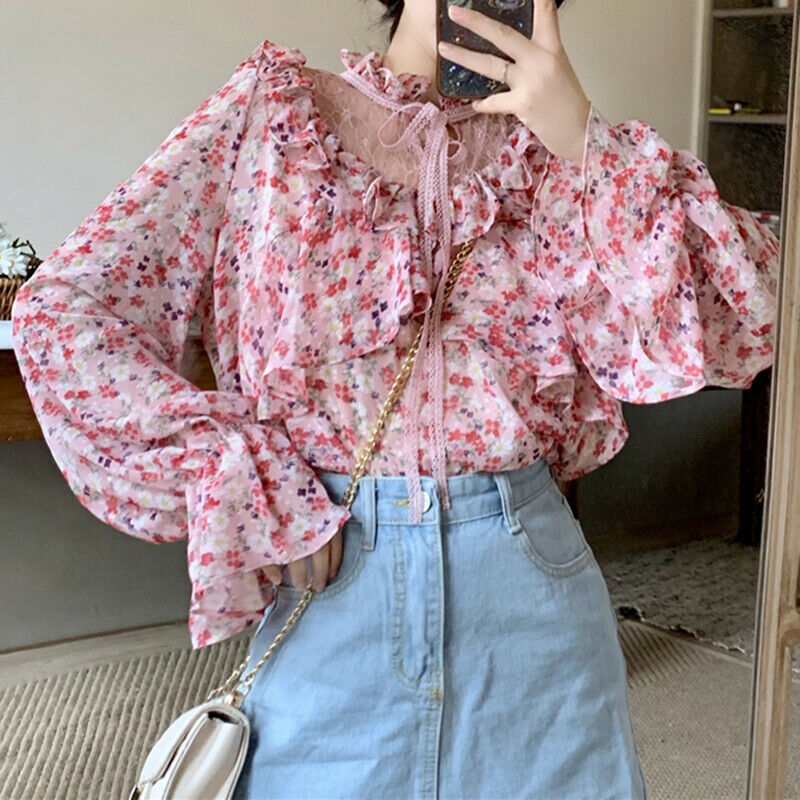 Sweet Ladies Ruffled Lace Chiffon Floral Shirt Blouse Long Flared Sleeve Tops UK