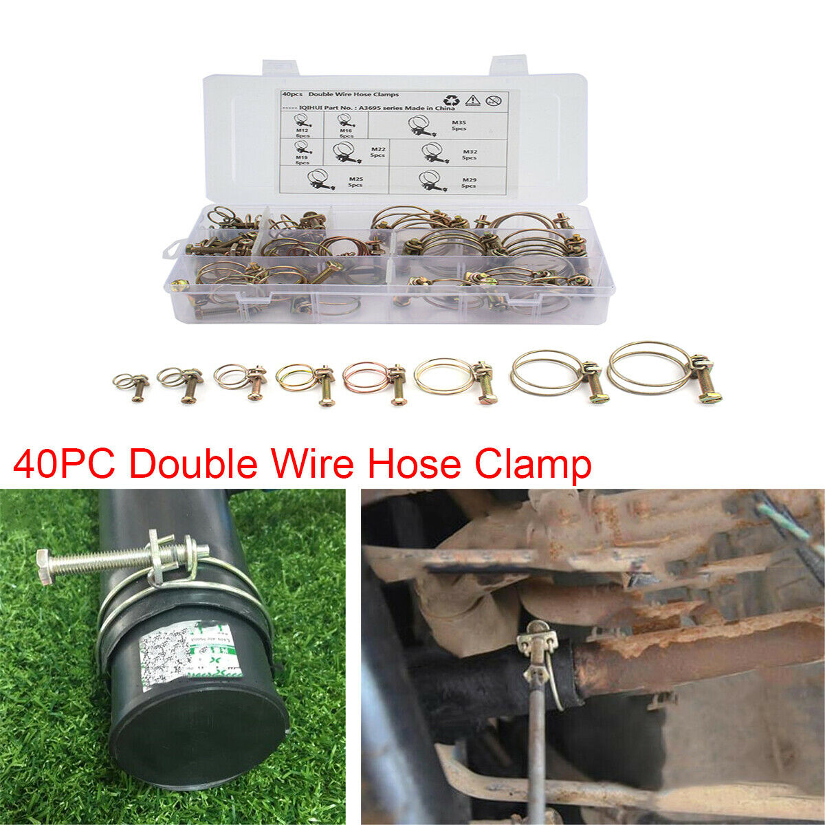 40PCS / Set Adjustable Double Wire Hose Clamp Screw Bolt Fastener Universal