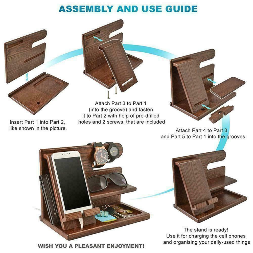 Wood Phone Docking Station Key Holder Wallet Stand Organizer 7T6T J5G Watch W3D8