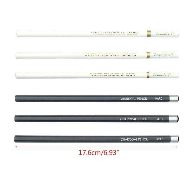 6 Pcs Professional Charcoal Pencils Set 3Pcs White 3Pcs Black Soft/Medium/Hard