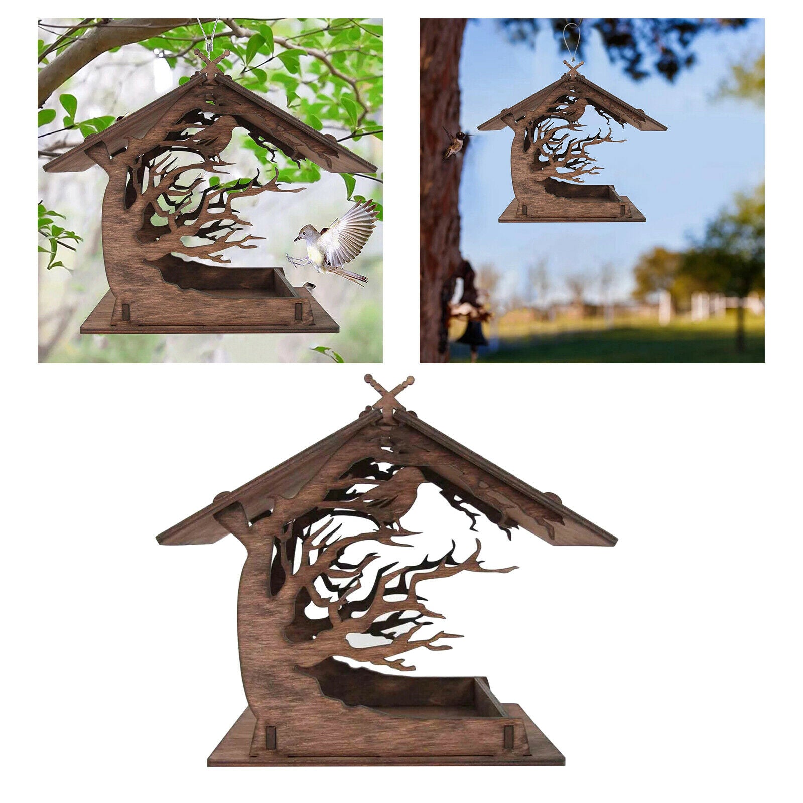 Handmade Wood Bird Feeder Attractive Outdoor Ranch Tree Villa Decoration