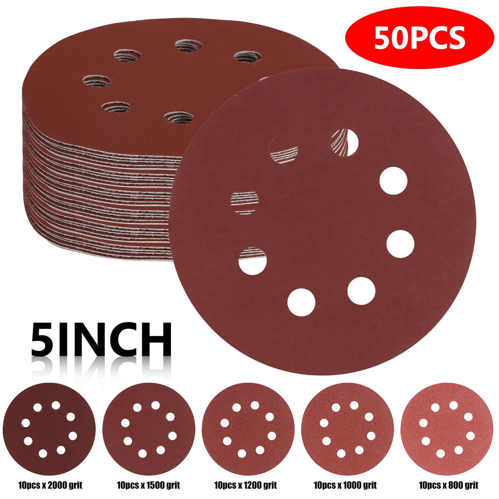 50Pcs/Set 5inch Grit 800 1000 1500 2000 3000 Sanding Discs Sandpaper Hook + Loop