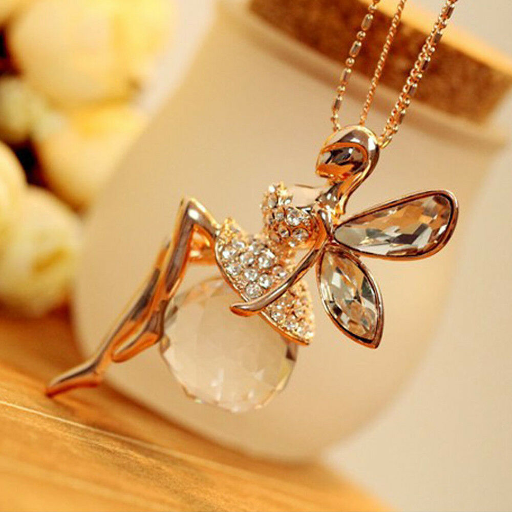 Romantic Women Crystal Fairy Angel Wing Pendant Long Chain Sweater Necklace Gift