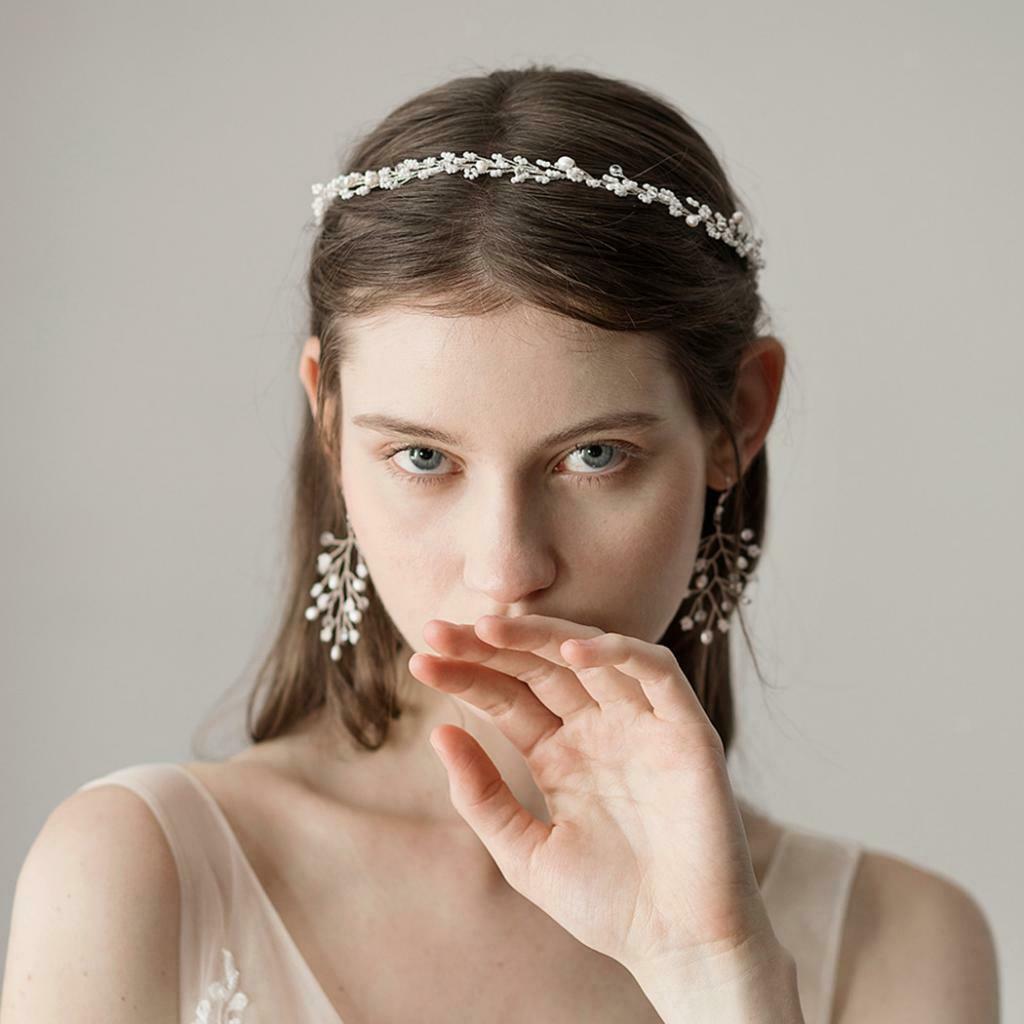 Pearls Beaded Headband Bridal Party Hair Band Vine Bracelet Earrings Set