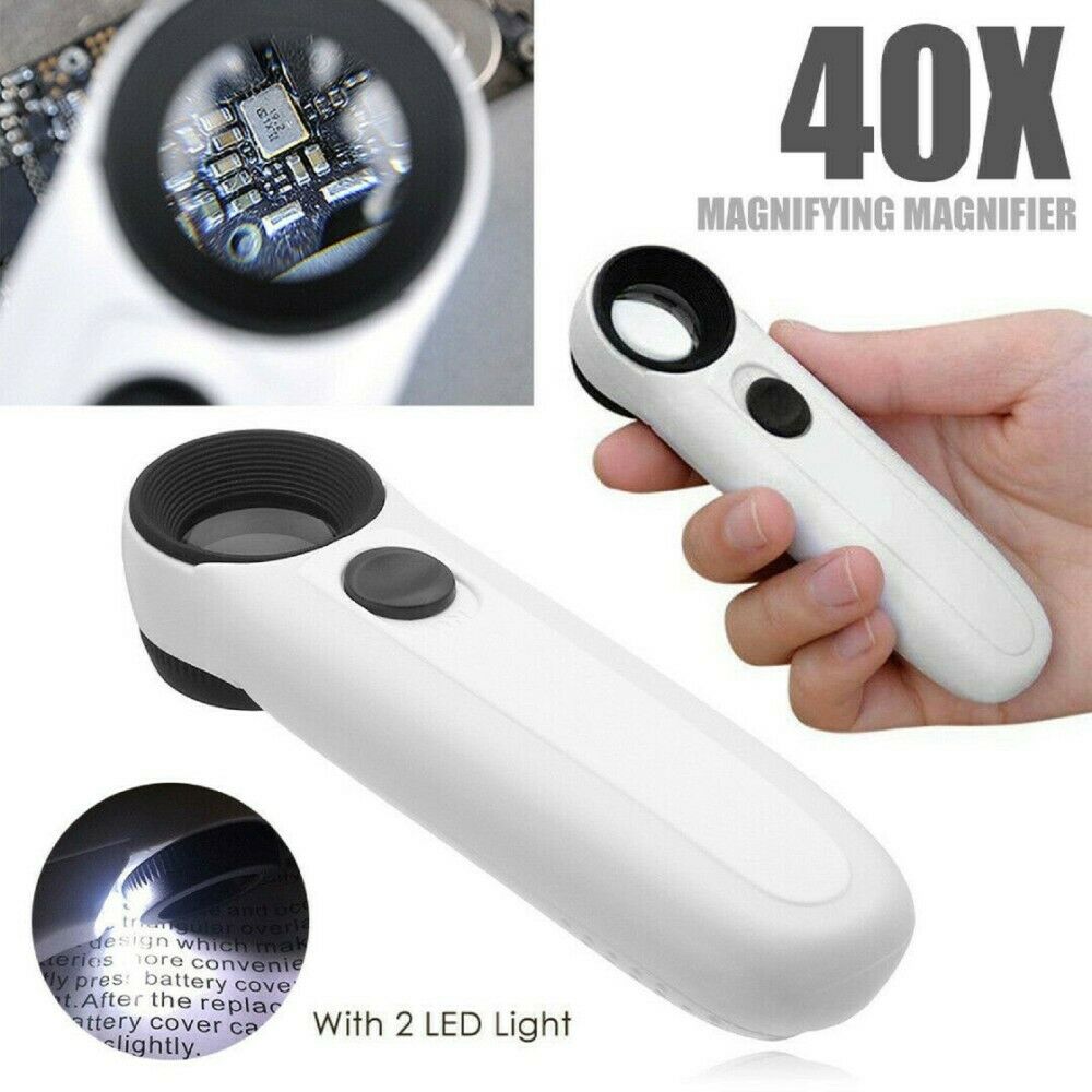 40X Handheld Magnifying Glass with 2 LED Light Magnifier Jewelry Loupe Lens
