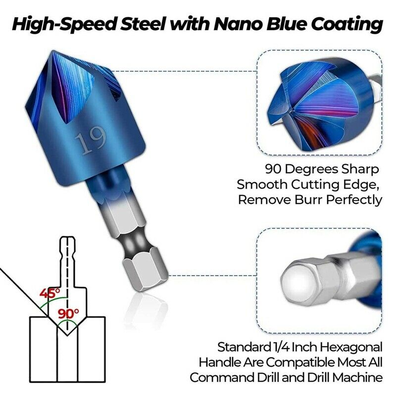 6Pcs 1/4Inch Hex Shank HSS Counter Sink Drill Bit 90 Degree 5 Flute Nano Blue Y1