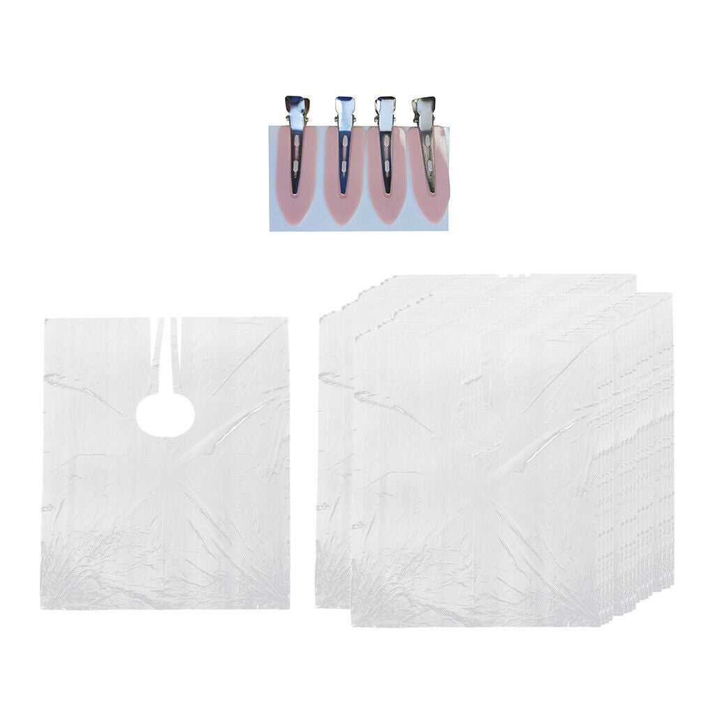 100Pcs Disposable Hair Cutting Cape Transparent Gown with 4pcs No Bend Clips