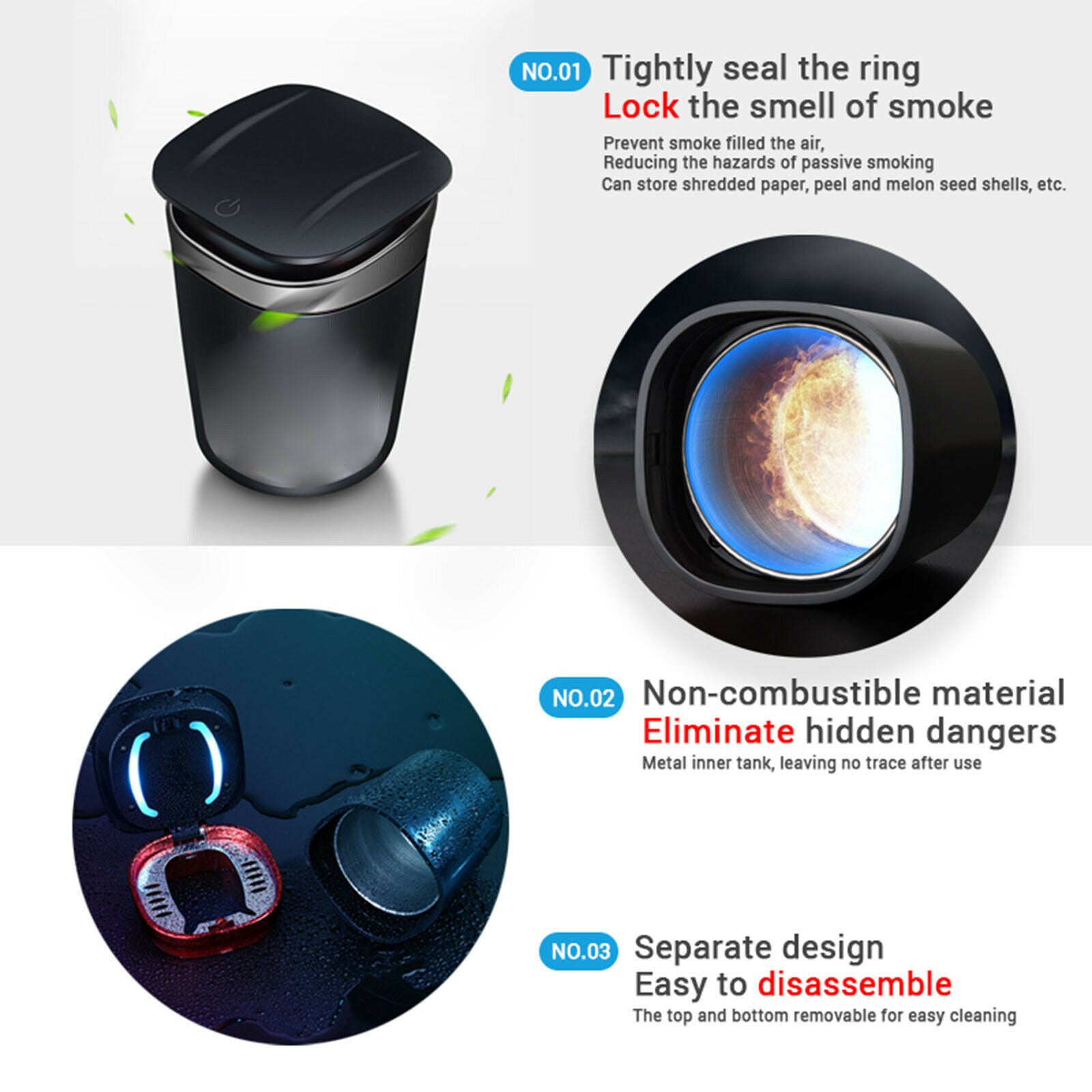 Car Ashtray Removable with Lid Indicator for Car Home Travel Black
