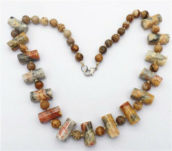 1 Strand 20x10mm/8mm Yellow Crazy Lace Agate Cylinder Beads Necklace HH7310